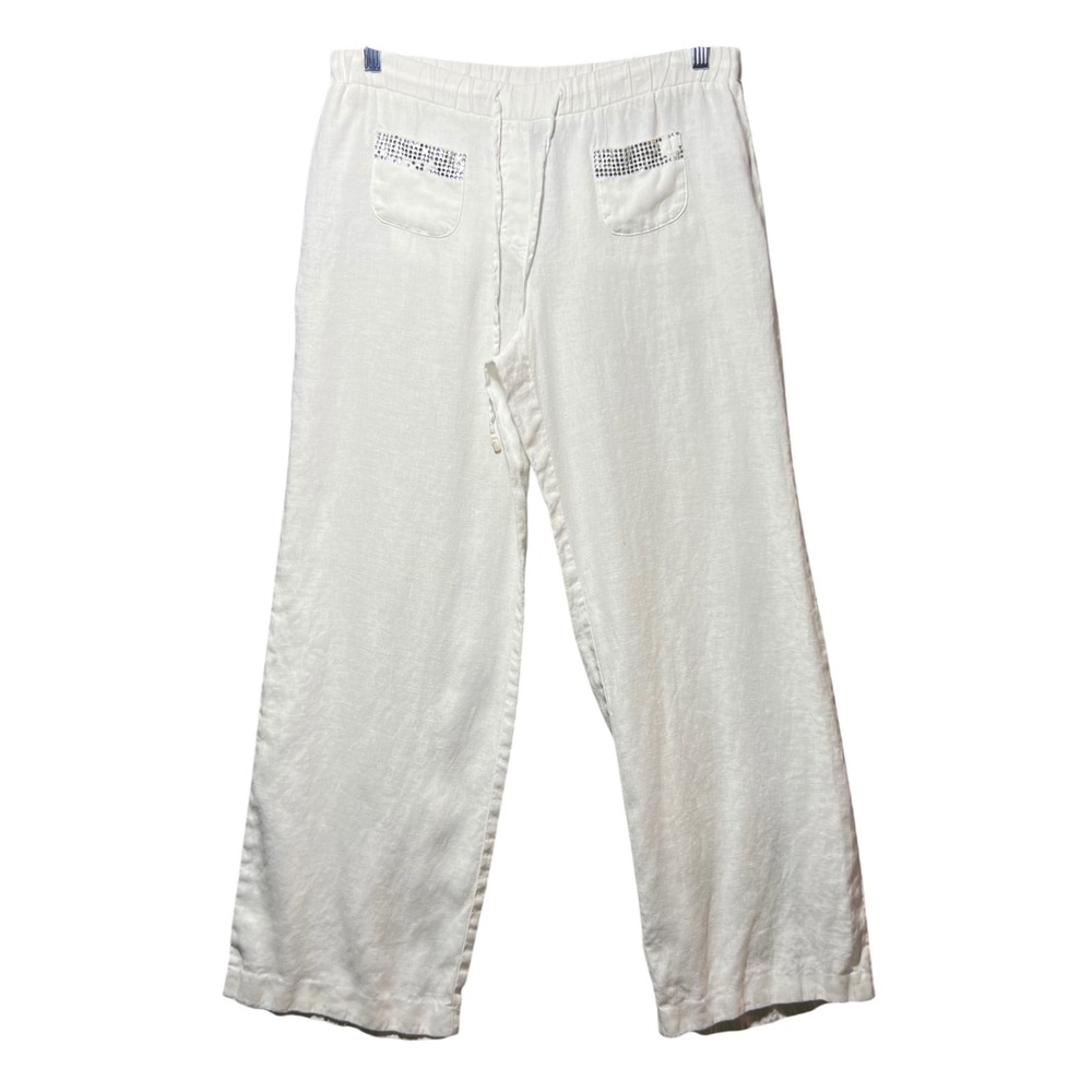 Style & Co White 100% Linen Wide Leg Rhinestone Pants Size S Flawed